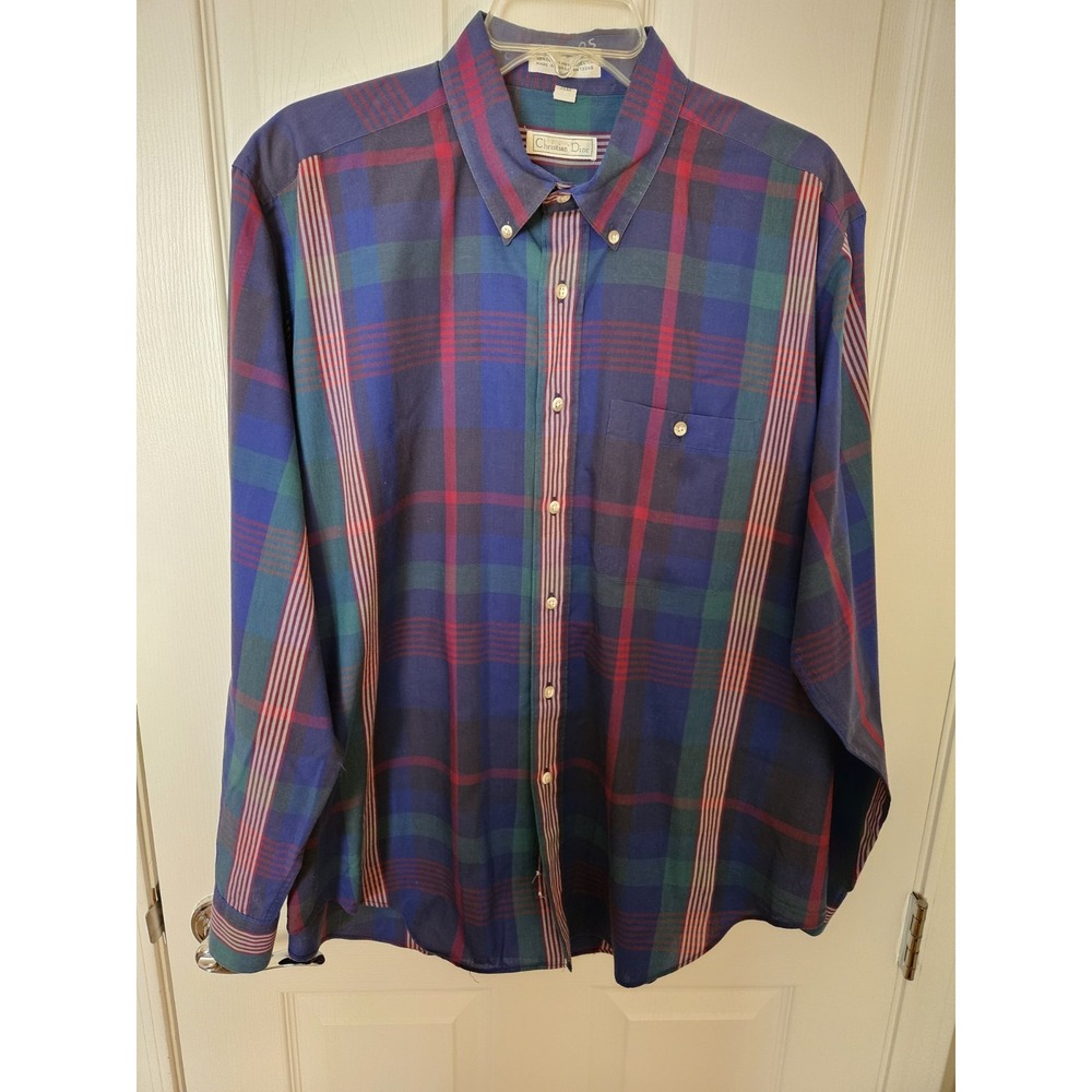 Christian Dior Vintage Men's Button Down Dress Multicolor Plaid Shirt, XL